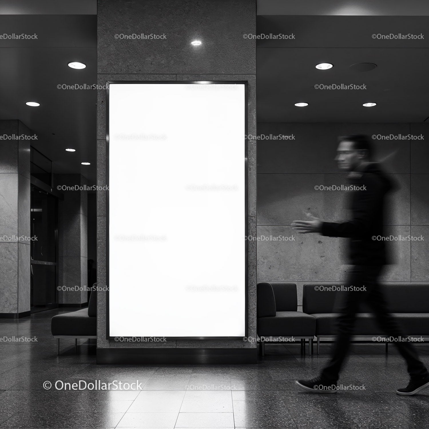 Blurred businessman walking past empty urban lightbox display