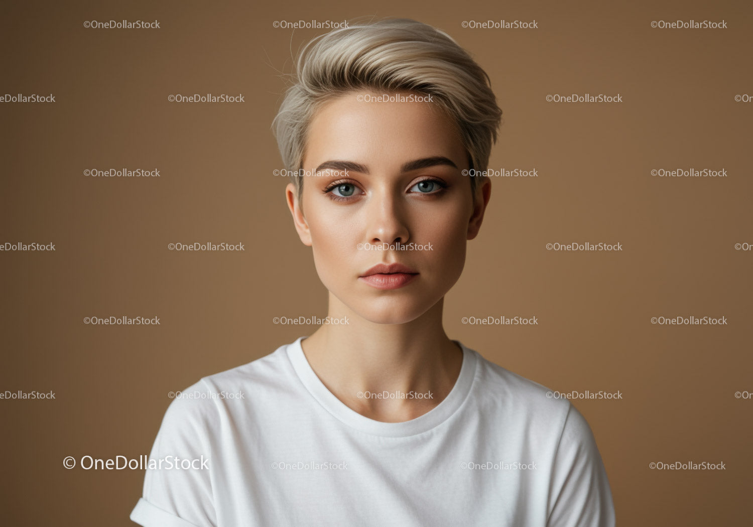 Portrait of a confident blonde woman with blue eyes in minimalist setting