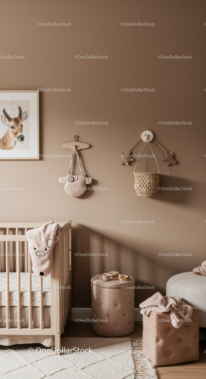 Modern Baby Nursery Decor with Wall Hooks and Plush Toys