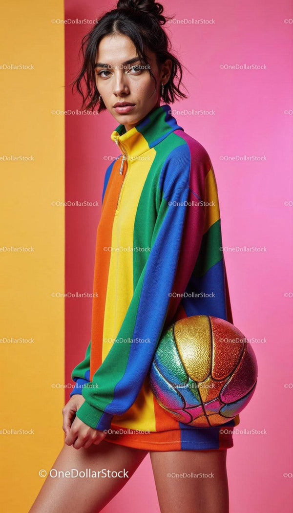 Young Woman in Rainbow Jacket with Colorful Basketball