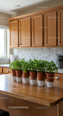 Wooden Kitchen Cabinets with Potted Herbs and Green Foliage
