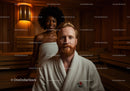 Happy Couple Relaxing in Sauna Spa Room With Warm Wooden Interior
