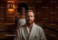 Happy Couple Relaxing in Sauna Spa Room With Warm Wooden Interior