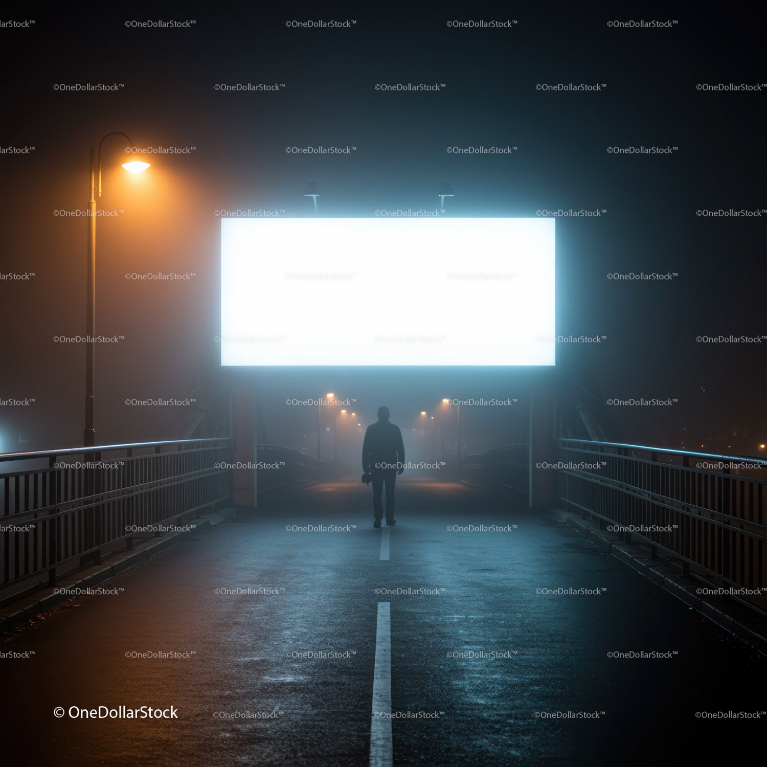 Silhouetted person walking under illuminated billboard on foggy bridge