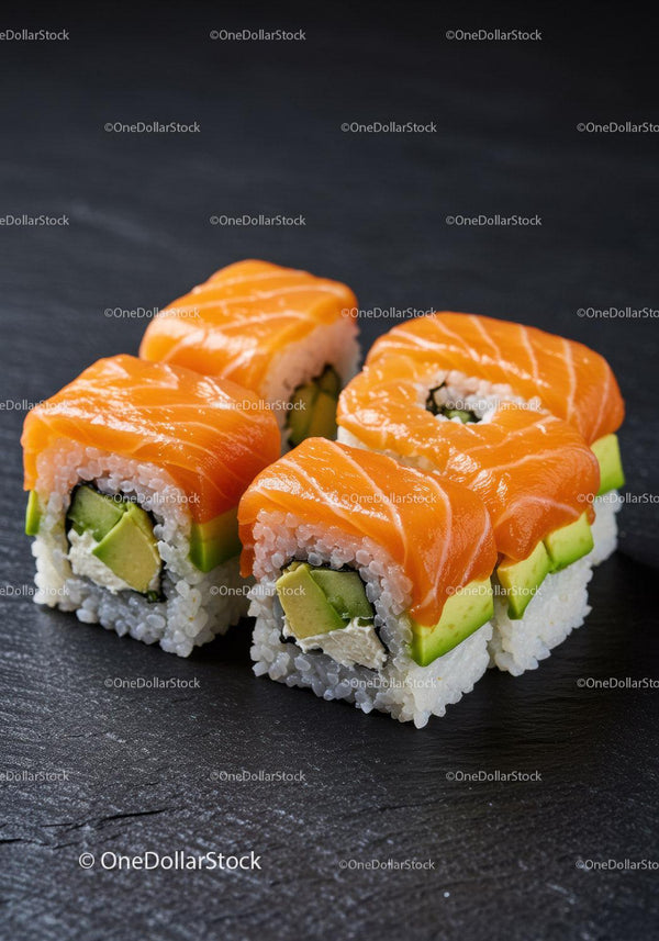Fresh salmon avocado sushi rolls on dark slate plate