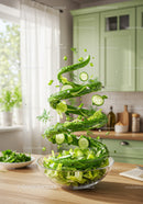 Fresh green salad ingredients spiraling above bowl