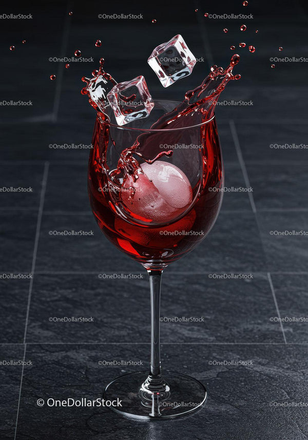 Red wine splash with ice cubes in glass on dark floor