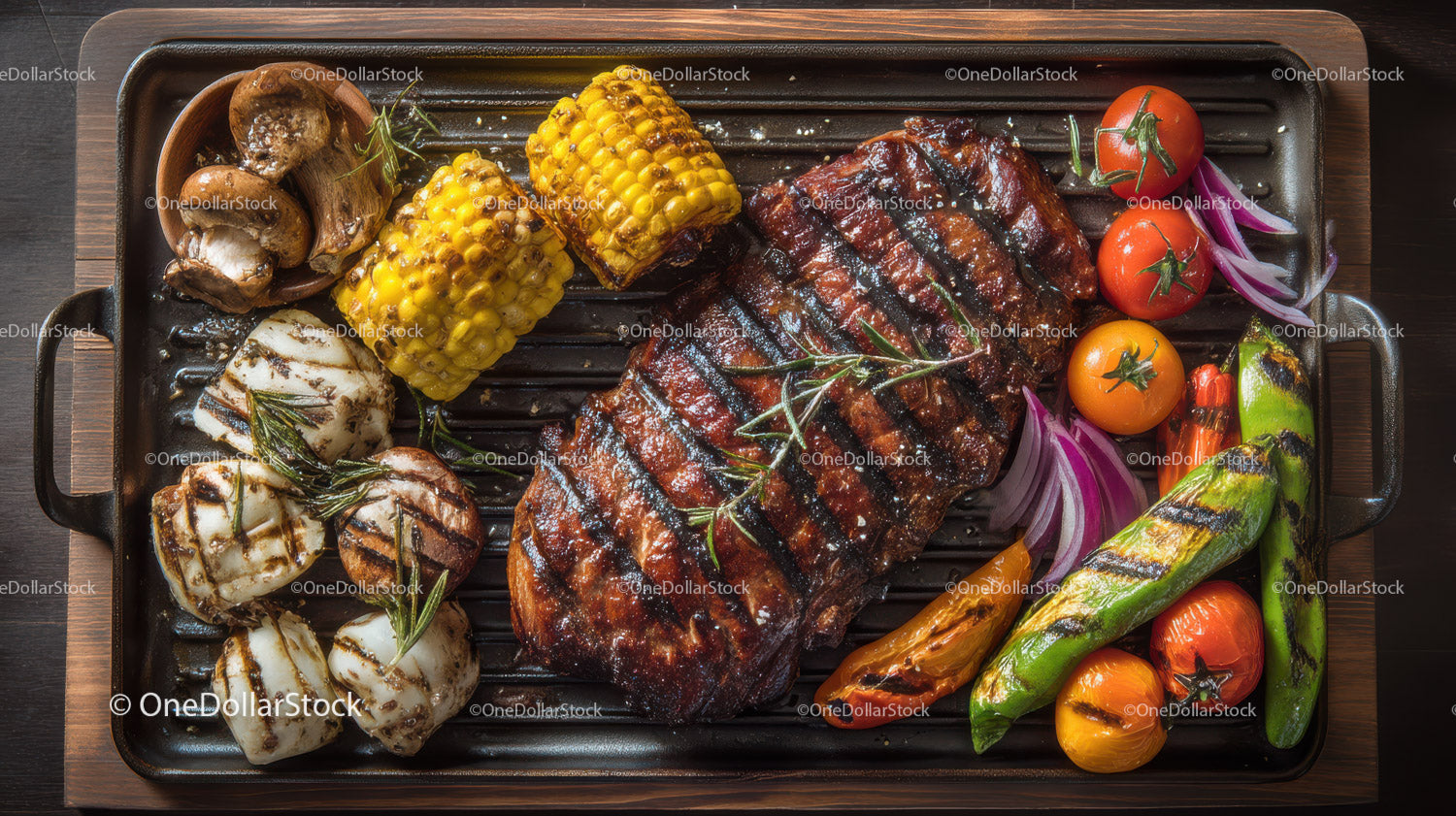 Grilled Ribs with Corn Mushrooms and Vegetables for Outdoor Barbecue