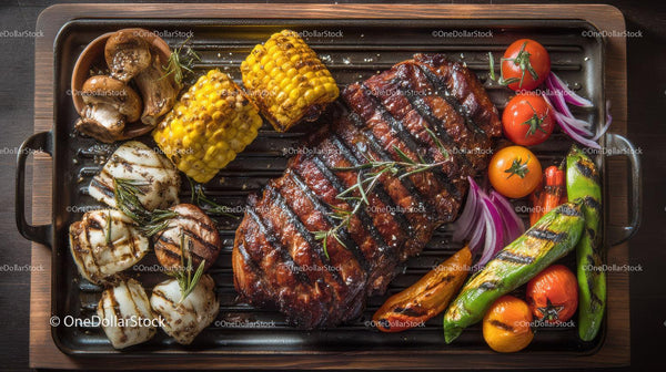 Grilled Ribs with Corn Mushrooms and Vegetables for Outdoor Barbecue