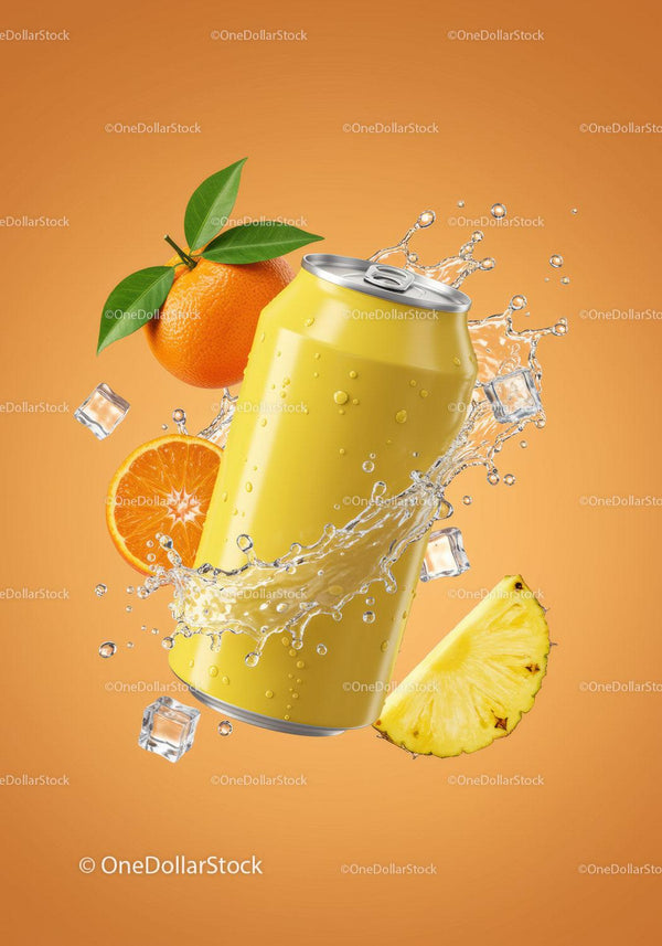 Refreshing Citrus Drink Can with Splash and Fruits JPG Mockup Image