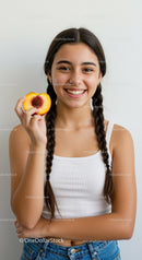 Joyful Teen Girl Holding Peach with Bright Smile and Braided Hair