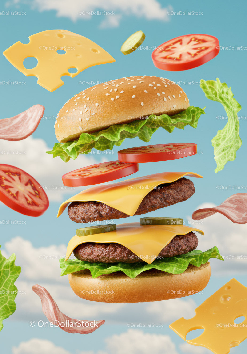 Składniki podwójnego cheeseburgera unoszące się na tle błękitnego nieba