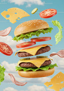 Double cheeseburger ingredients floating with blue sky