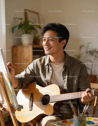 Man enjoying painting while holding acoustic guitar indoors