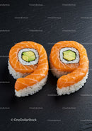 Creative sushi rolls shaped as number nine with salmon