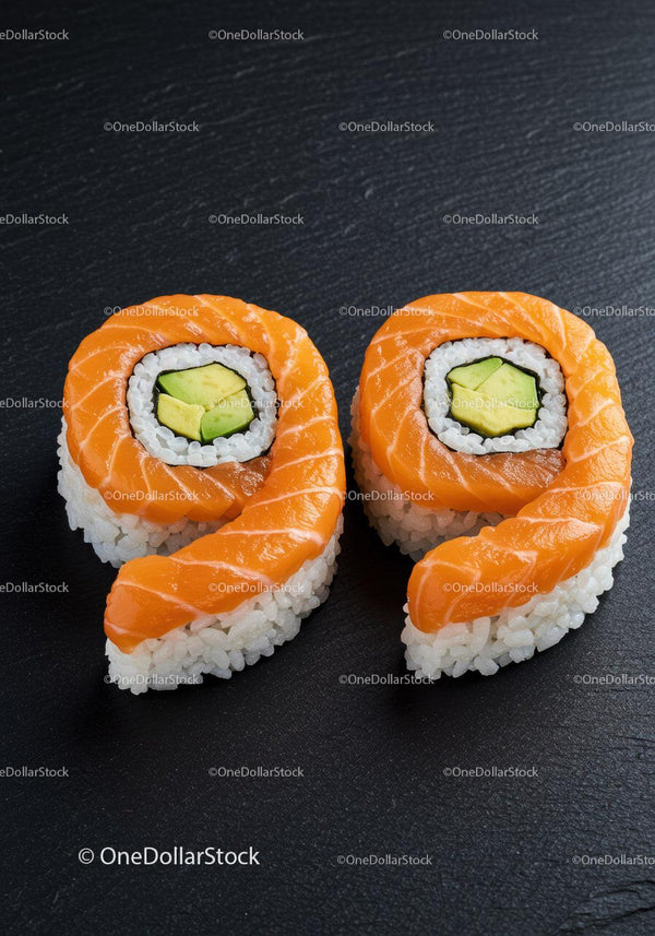 Creative sushi rolls shaped as number nine with salmon