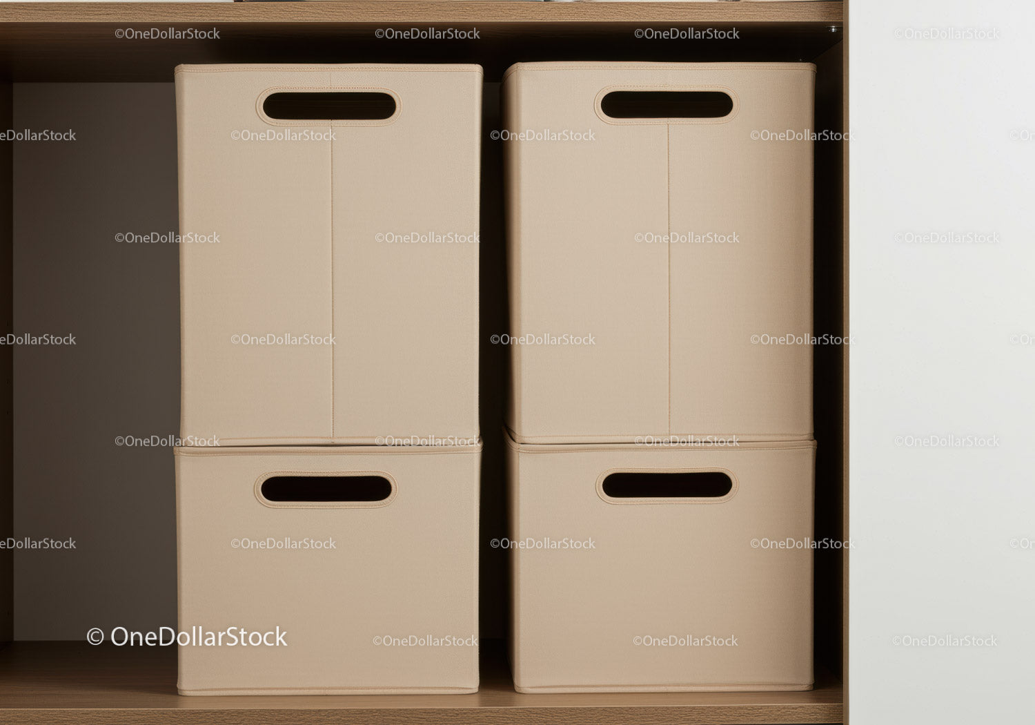 Beige Storage Bins on Wooden Shelf for Organized Home Decor