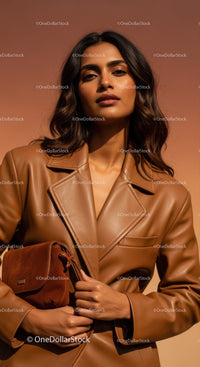 Confident Woman in Tan Leather Jacket with Sunset Background