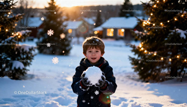 Child holding snowball in winter landscape with glowing lights