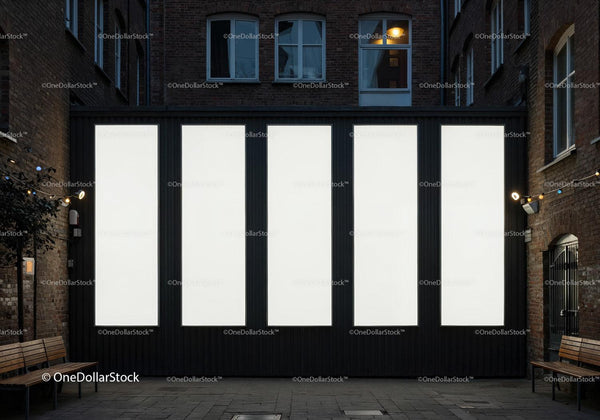 Empty vertical billboard panels in cozy urban courtyard JPG Mockup Image