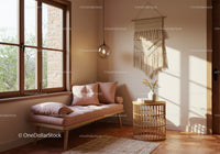 Cozy corner with pink cushioned bench and natural light