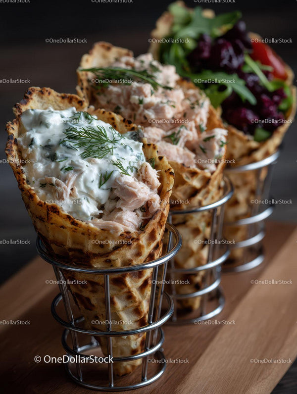 Assorted Ice Cream Cones with Yogurt and Smoked Salmon on Waffle Cones
