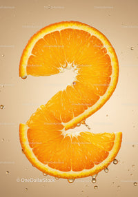 Fresh orange slices forming number two on beige background