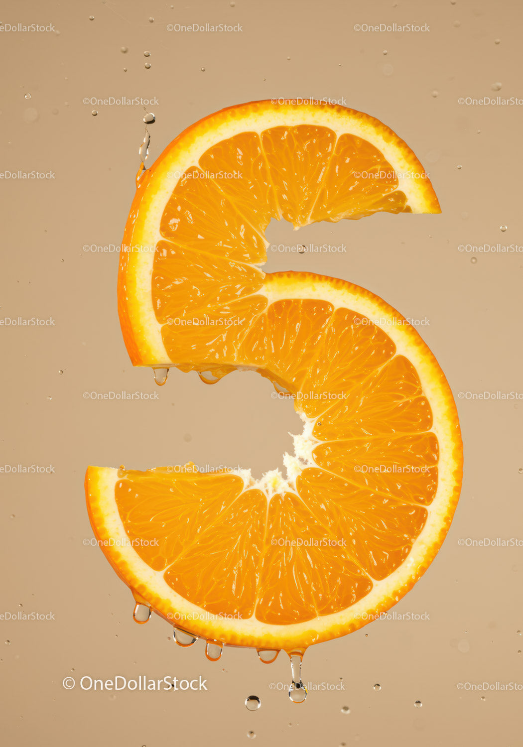 Fresh Orange Slice Shaped Like Number Five With Water Drops