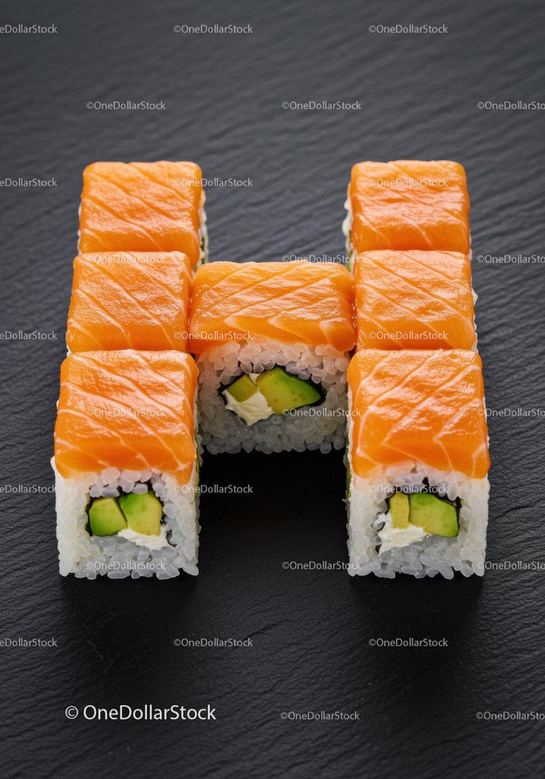 Fresh salmon avocado sushi rolls on black slate