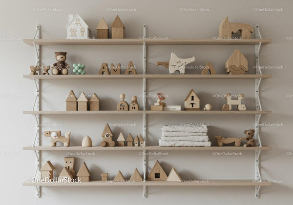 Minimalist Nursery Shelf with Wooden Toys and Decor