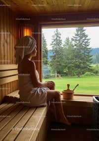 Woman Relaxing in Wooden Sauna with Nature View