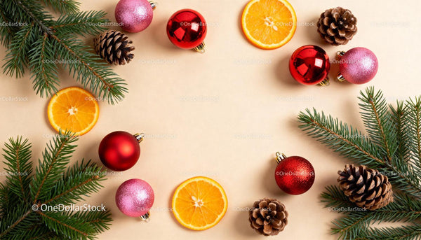 Festive flat lay with Christmas ornaments and orange slices