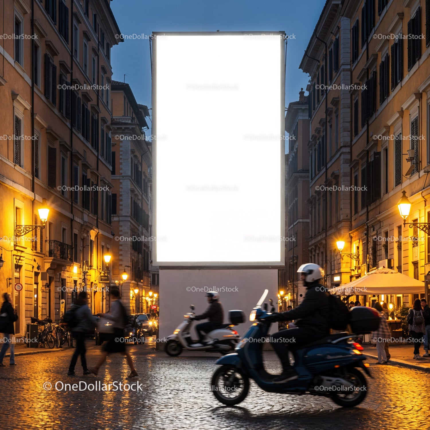 Evening street scene with scooters and illuminated billboard