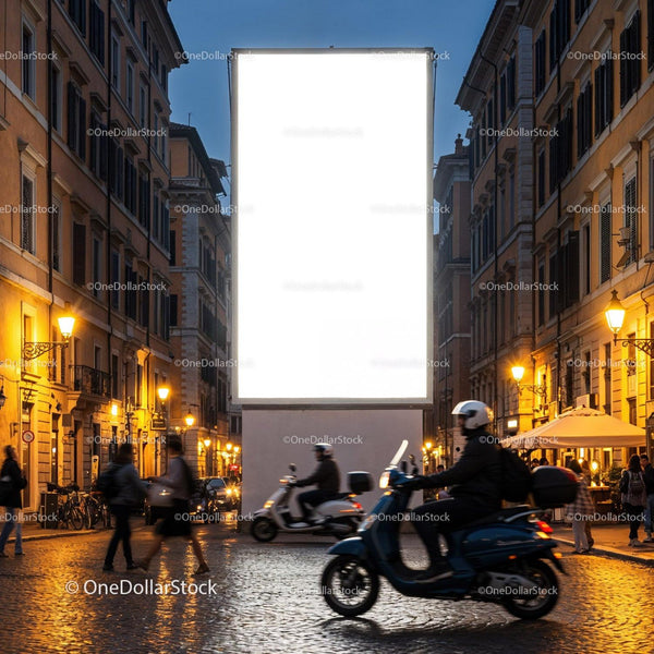 Evening street scene with scooters and illuminated billboard JPG Mockup Image