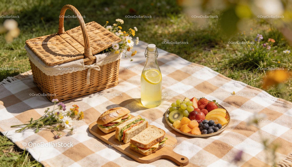 Summer picnic with fresh sandwiches and fruit platter
