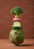 Stacked fresh vegetables on brown background