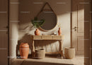 Minimalist entryway with rattan console and decor