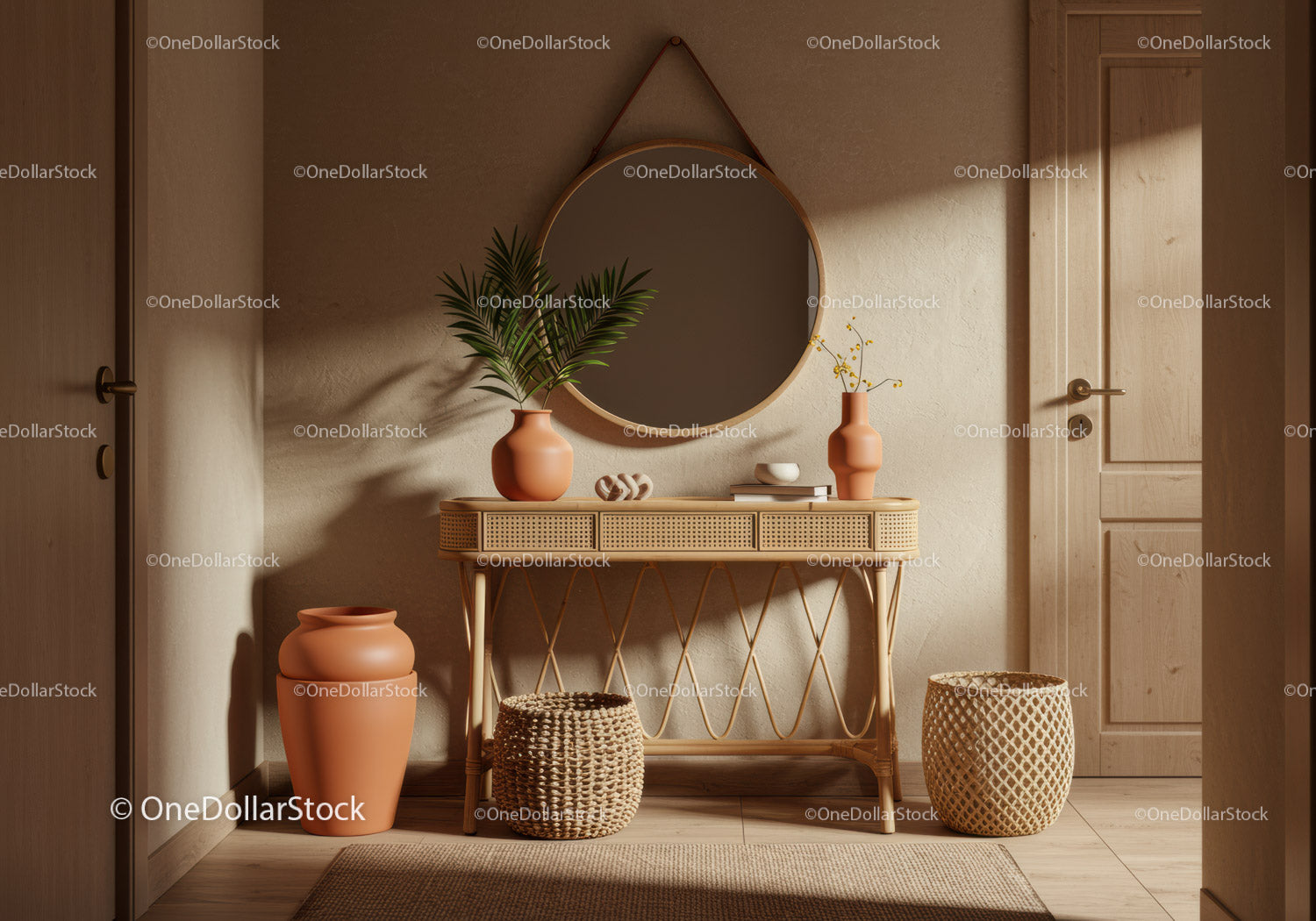 Minimalist entryway with rattan console and decor