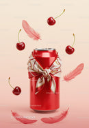Red Soda Can with Scarf, Cherries and Soft Feathers