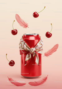 Red Soda Can with Scarf, Cherries and Soft Feathers