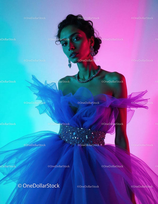 Elegant Woman in Blue Tulle Evening Gown with Jewelry Under Vibrant Lights