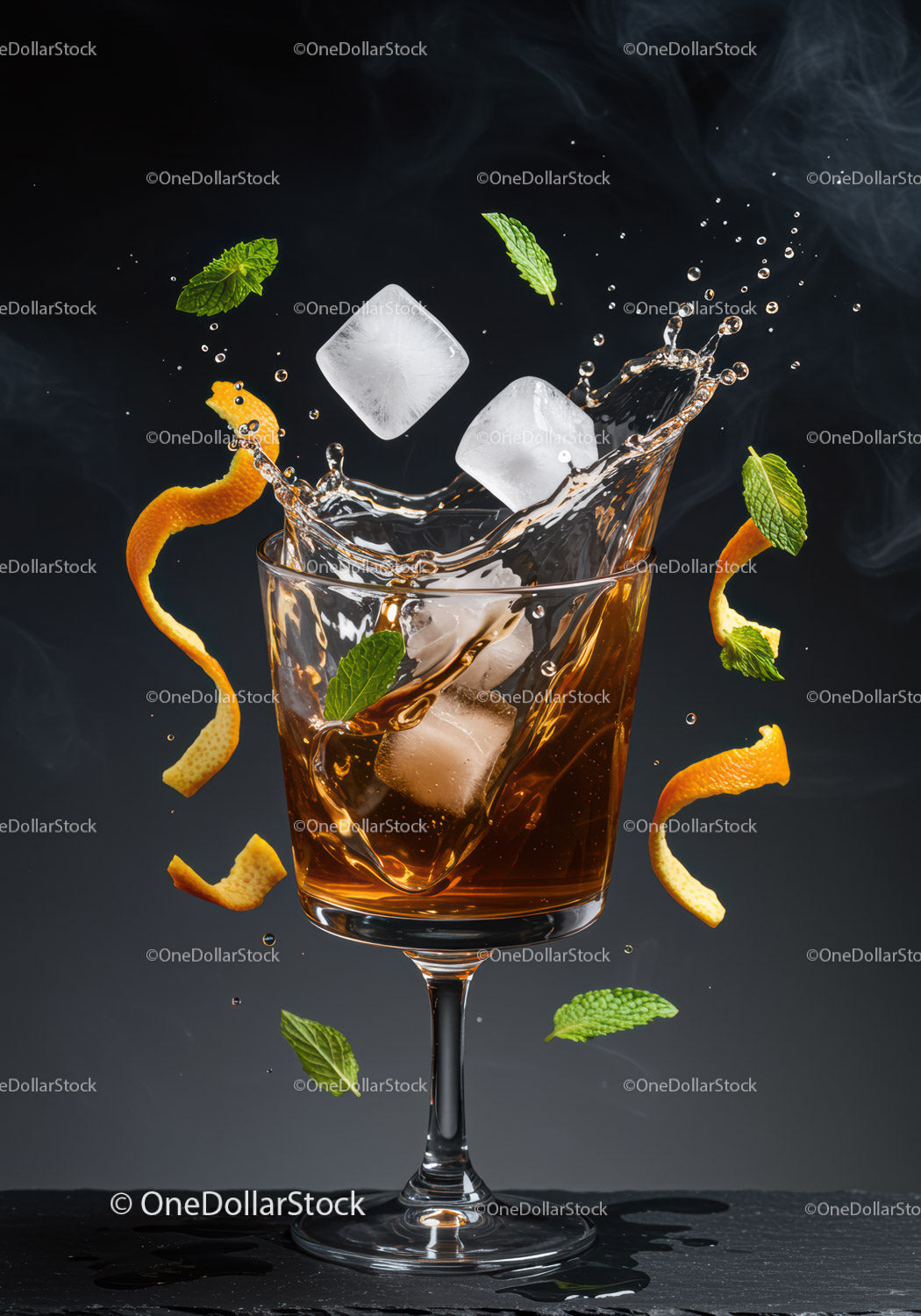 Refreshing cocktail splash with ice cubes and mint leaves