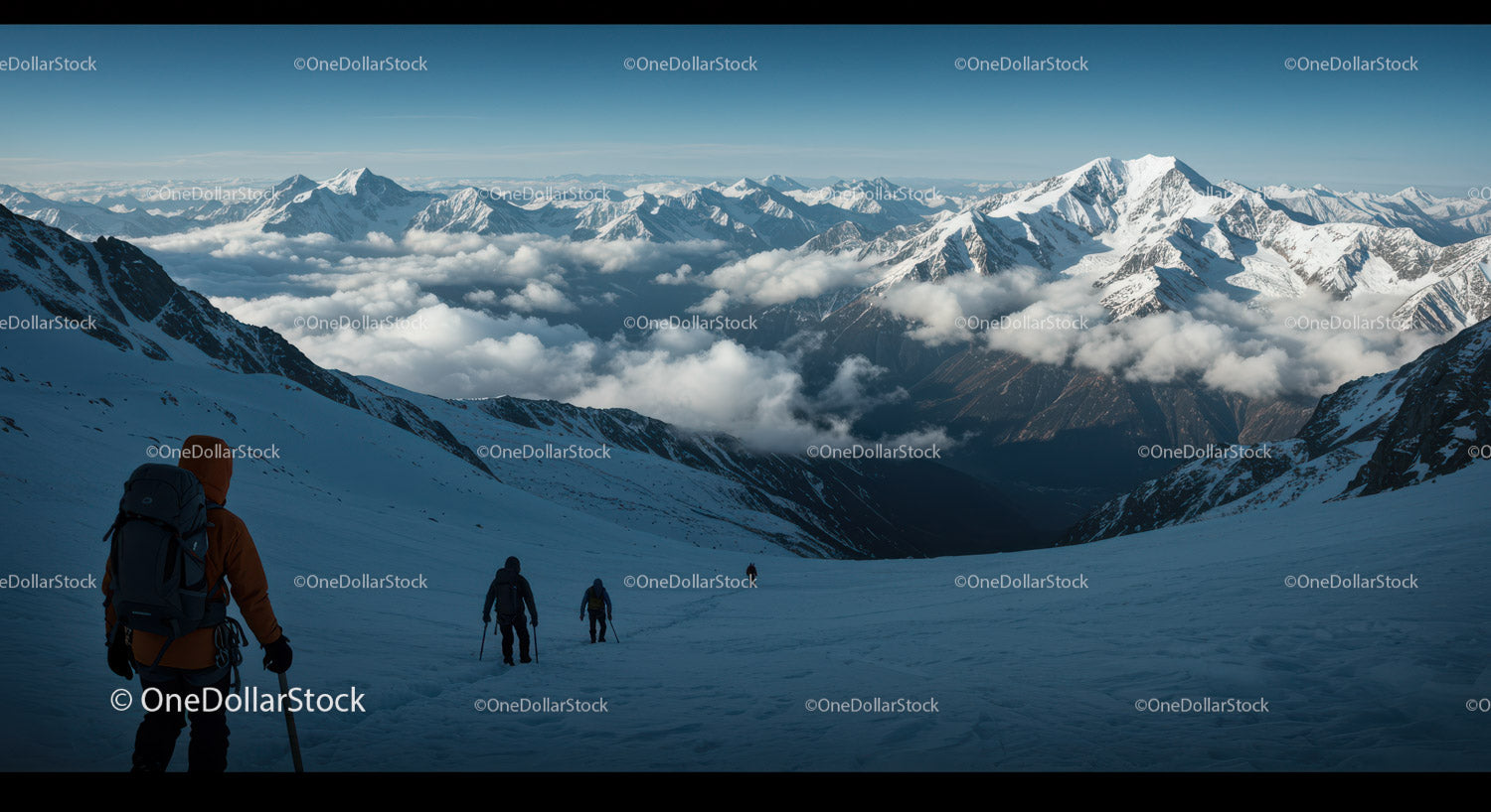 Majestic Snow-Capped Mountain Range with Climbing Hikers Adventure