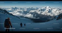 Majestic Snow-Capped Mountain Range with Climbing Hikers Adventure