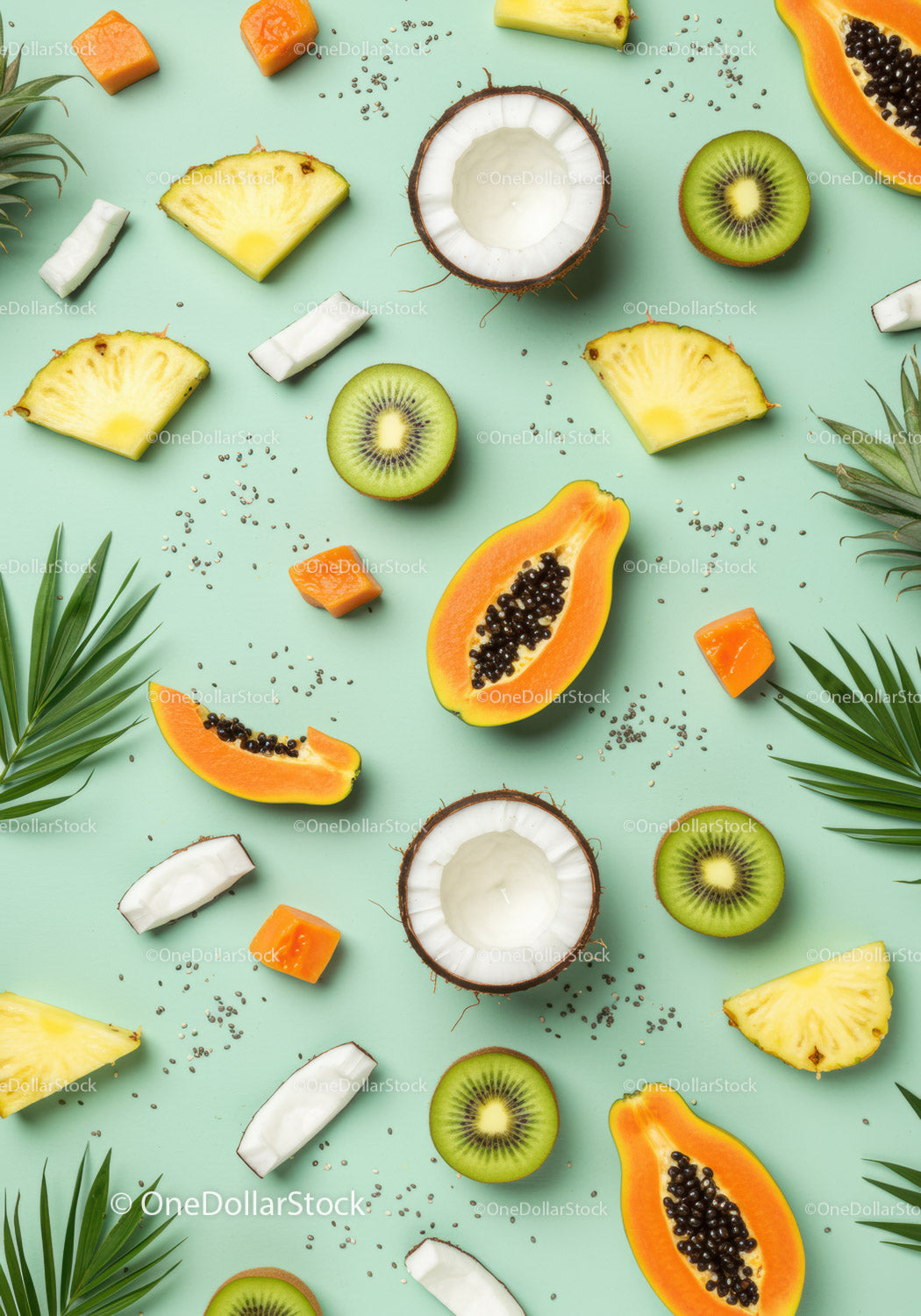Fresh tropical fruits and seeds arranged on pastel background