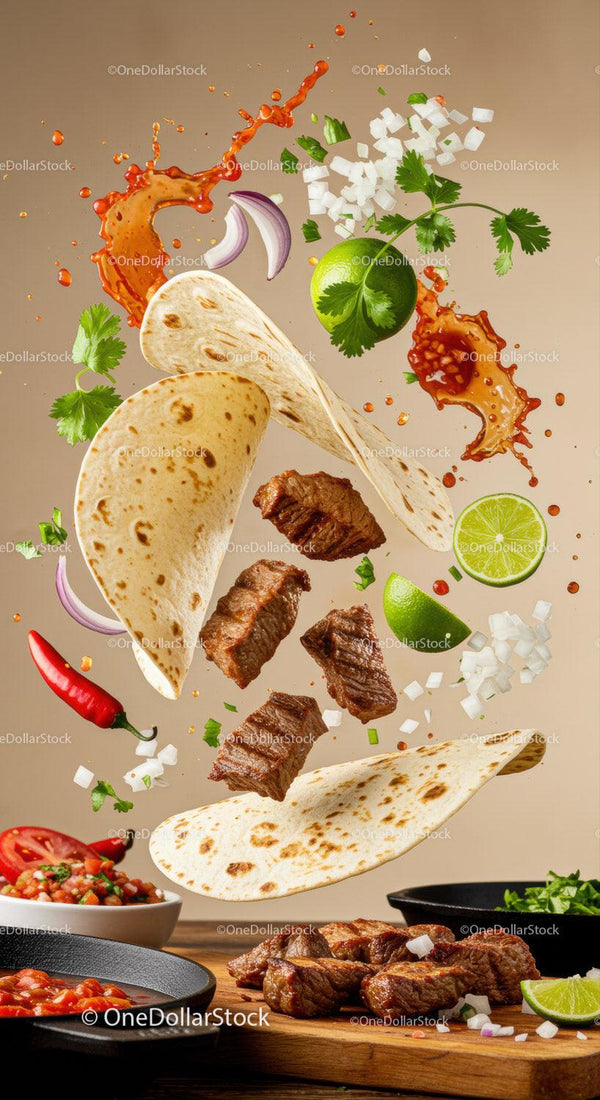 Grilled steak tacos with fresh toppings and sauce splash