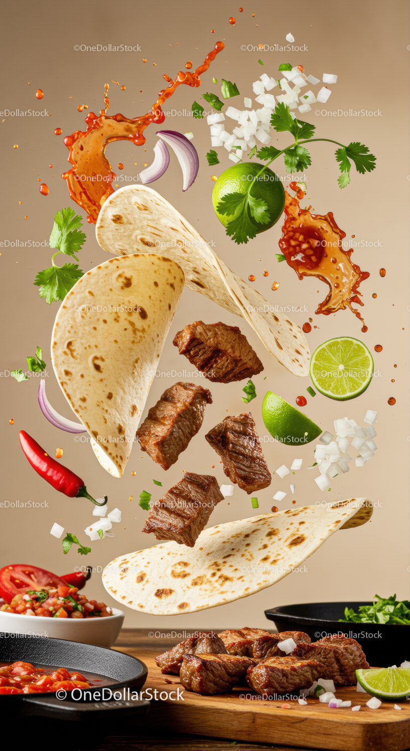 Tacos z grillowanym stekiem ze świeżymi dodatkami i odrobiną sosu