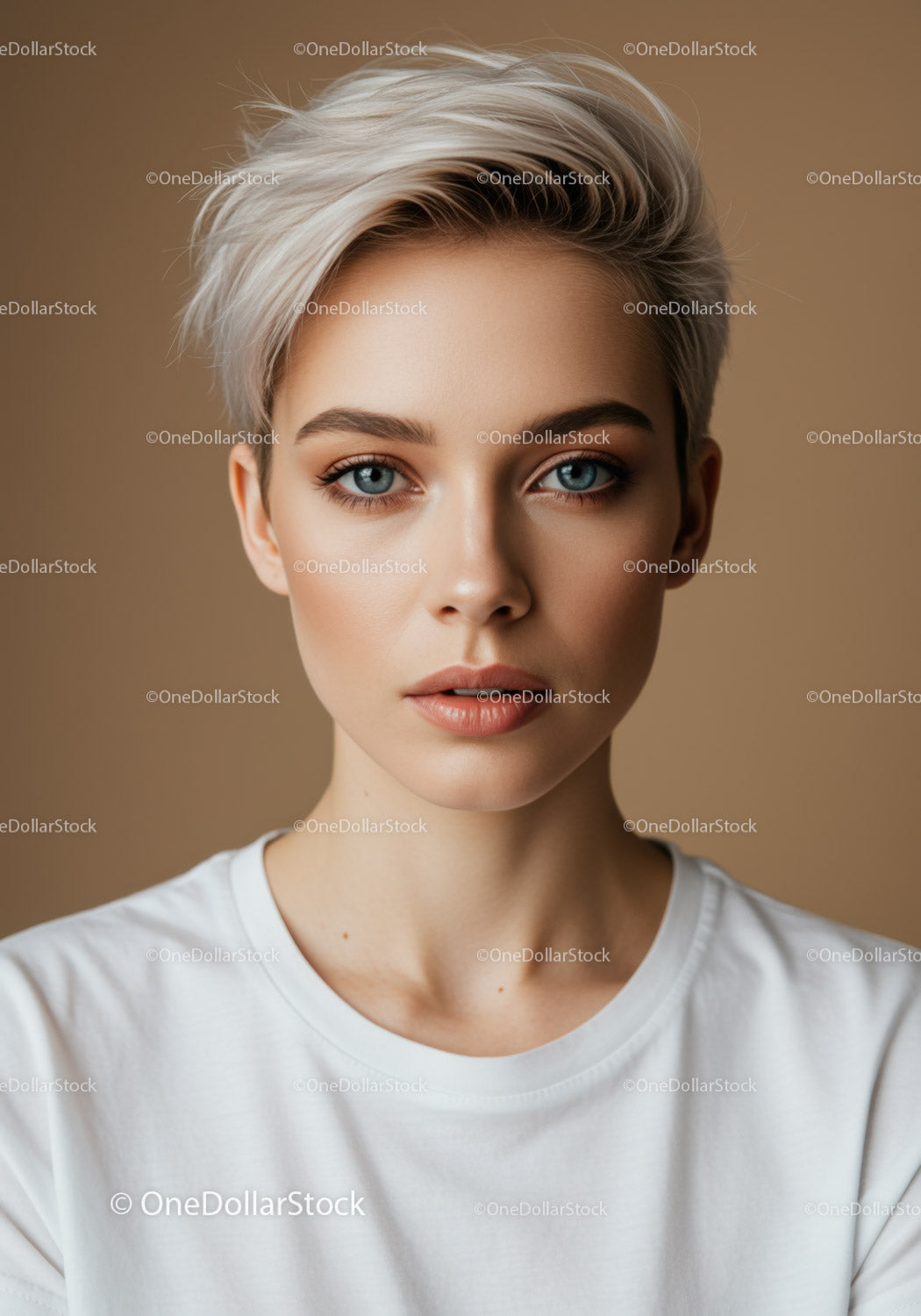 Portrait of Stylish Young Woman with Blonde Hair and Blue Eyes
