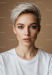 Portrait of Stylish Young Woman with Blonde Hair and Blue Eyes