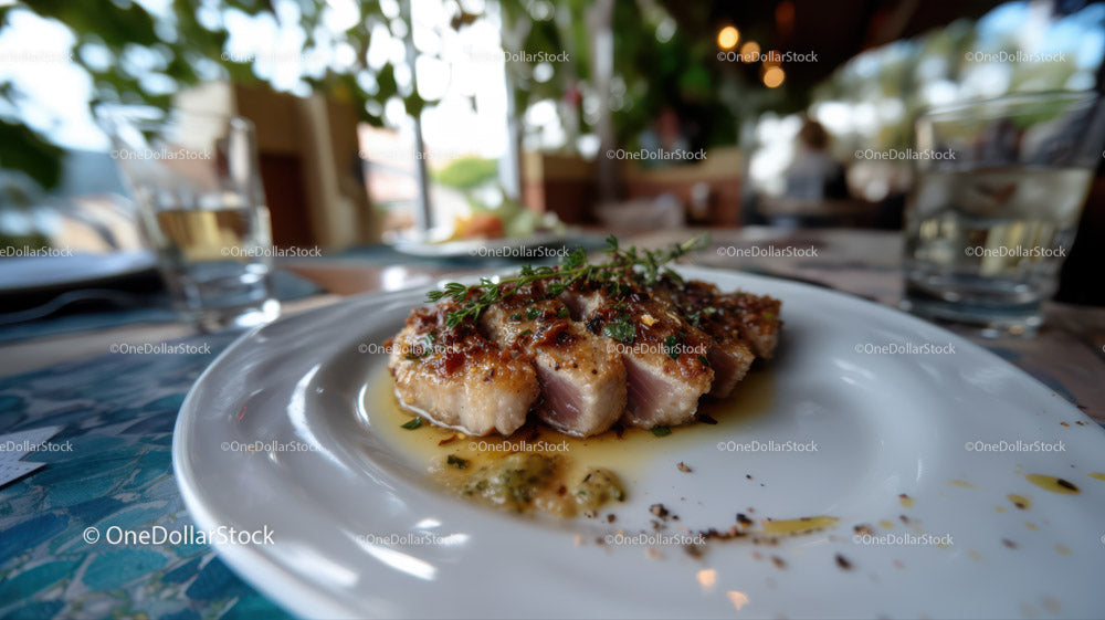 Elegant Grilled Meat with Fresh Herbs on a Restaurant Plate